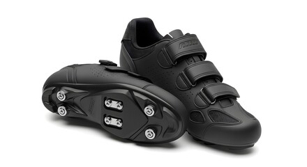 Black Cycling Shoes with Cleats on White Background, Athletic Footwear for Road and Mountain Biking, Studio Shot