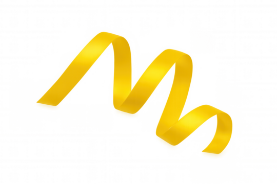 Yellow satin ribbon spiraling and unraveling, a decorative element for celebrations and gifting, transparent background