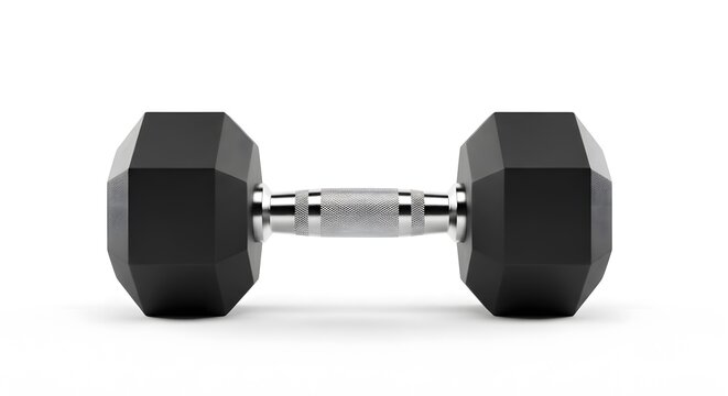 Black Hexagonal Dumbbell for Fitness Training Isolated on White Background - Gym Weight for Strength and Muscle Building - Powered by Adobe