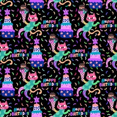 Birthday party seamless cats pattern for wrapping paper and fabrics and linens and kids clothes print