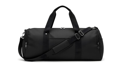 Modern Black Duffel Bag Isolated on White: Stylish Gym, Travel, and Weekend Carry-On with Shoulder Strap