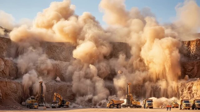 Dynamic scene of controlled blasting in sandstone mining with dust and debris flying as explosives break rock formations.