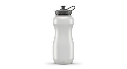 Ergonomic Clear Plastic Sports Water Bottle with Dark Grey Cap Isolated on White Background for Fitness and Hydration