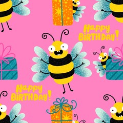 Birthday party seamless bees pattern for wrapping paper and fabrics and linens and kids clothes print