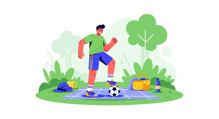 Fototapeta premium Active Individual Practices Football Outdoors Near Relaxing Picnic Amenities in the Sunshine