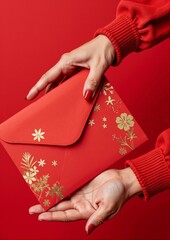 Hands holding a red envelope with floral design on red background  