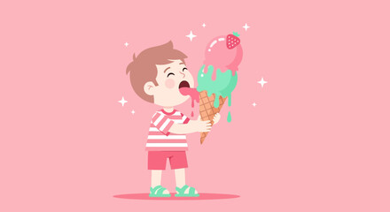 Adorable Kid Enjoying a Delicious Ice Cream Cone on a Pink Background