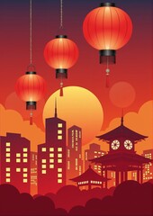 Red lanterns hanging above city skyline during sunset  