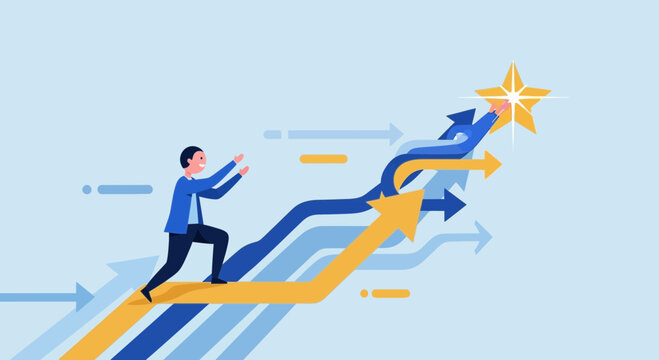 Achieving Success: Business Person Reaching For A Gold Star Along A Creative Path