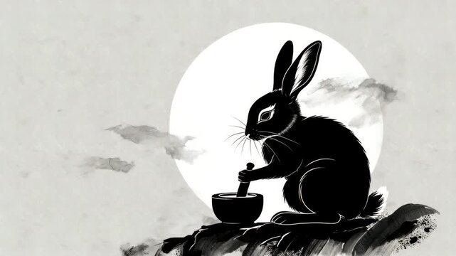 Traditional ink-style moon rabbit preparing elixir under the full moon, inspired by East Asian folklore and the Mid-Autumn Festival mythology and symbolism