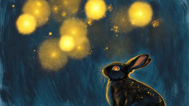 Magical moon rabbit gazing at glowing orbs in the night sky, surrounded by stardust and mystery, inspired by the Mid-Autumn Festival and ancient folklore legends