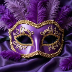 Elegant purple mask adorned with feathers and beads on satin fabric  