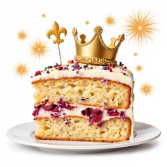 Cake with royal crown decoration and colorful sprinkles on plate  