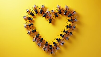 Bees form a heart shape against yellow background. This insect group symbolizes love and nature. Perfect for Valentine themes, romance, and eco awareness concepts.