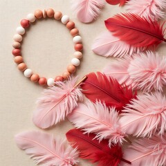 Handmade bracelet made of multicolored beads surrounded by pink feathers on a fabric background