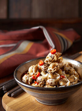 Closeup of a side dish, spicy conch.