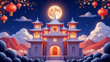 Vibrant Chinese palace illuminated under a full moon with lanterns  