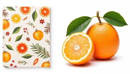 Orange fruits with leafy background and decorative notebook design 
