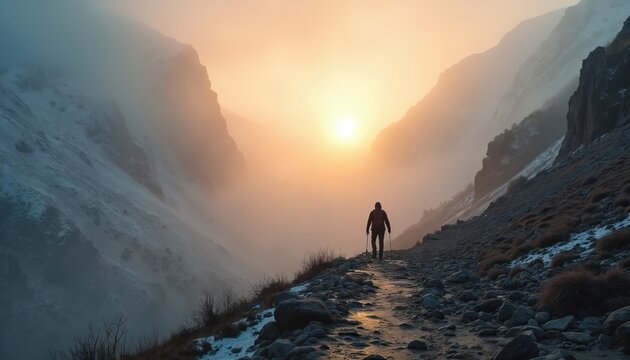 Man hikes rocky mountain trail at dawn. Foggy mist surrounds peaks as sun rises. Snow patches dot the ground, climber uses poles for support on steep path.