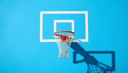 Basketball hoop with net and shadow on blue background  