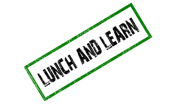 Grunge Lunch and Learn rubber stamp label with green border and black text, isolated on transparent vector