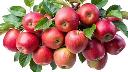 Obraz premium A bunch of ripe red apples with green leaves hanging on a branch isolated on transparent background