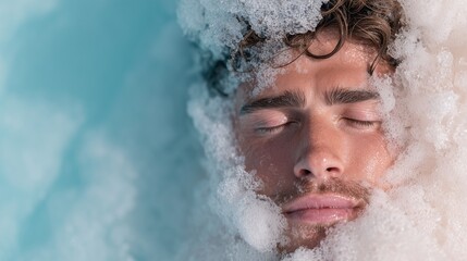 Close-up of a young Caucasian man relaxing in bubbly water.