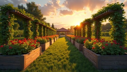 Obraz premium Garden walkway bordered by raised wooden beds filled with red flowers and green vines climbing over pergolas, bathed in golden sunset light.