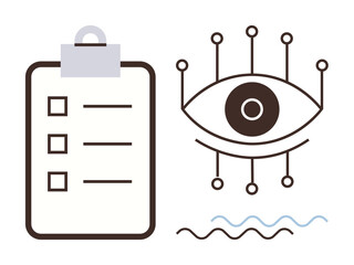Clipboard with checklist alongside an eye with connecting nodes, representing monitoring, organization, and planning. Ideal for analytics, inspection, productivity, goals, strategy oversight simple