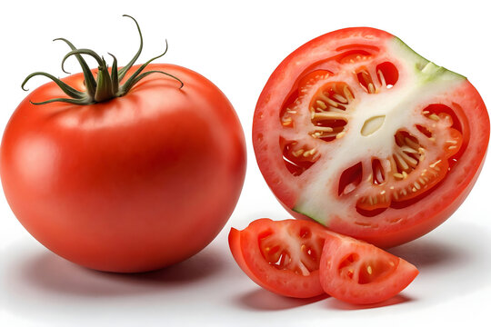 Fresh tomatoes, one whole, one sliced, and two slices, revealing their vibrant interior. A close-up shot of the ripe, red fruit, perfect for culinary use