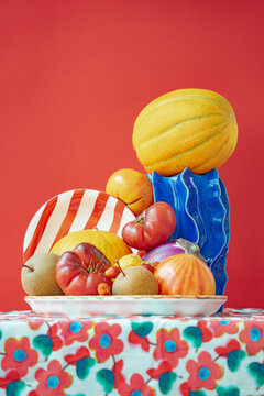 Fruit display with art backdrop