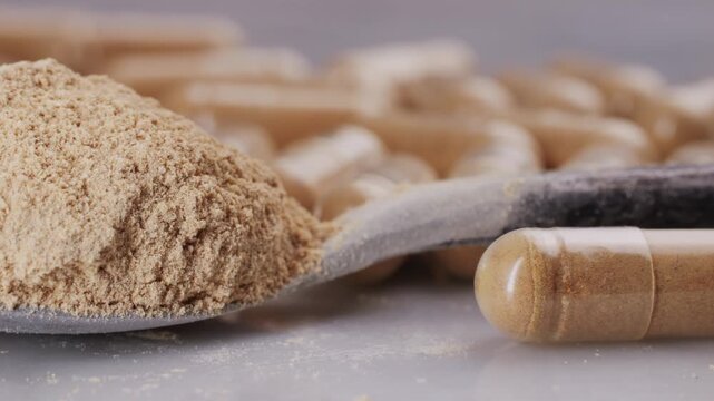 Ashwagandha Indian Ginseng Powder in White Bowl isolated on white background, superfood close up. 