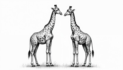 Naklejka premium Two elegant giraffes drawn in monochrome line art stand on grassy ground. Animals spotted patterns, long necks, facing with calm expressions. Detailed illustration suits educational decorative uses.
