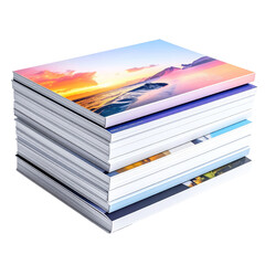 Stack of colorful landscape photo books, thick pages, vivid cover images