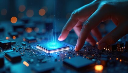 Human finger touches glowing microchip on computer circuit board. Blue light streams from CPU, indicating data flow, smart tech control, immense potential. Represents digital connection, tech