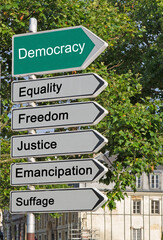 Fototapeta premium A concept road sign pointing in the direction of 'Democracy' with some descriptive words underneath