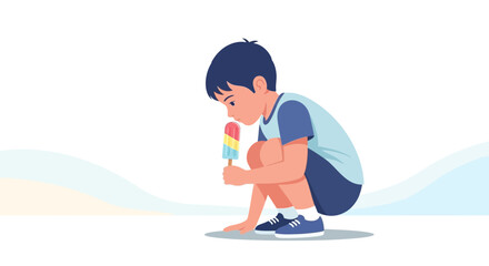 An illustration of a young boy enjoying popsicle on a hot sunny summer day