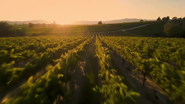 Fast aerial flight over lush green vineyard rows during a warm golden hour sunset in the countryside