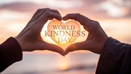Naklejka premium Hands forming a heart shape glowing with world kindness day message at sunset