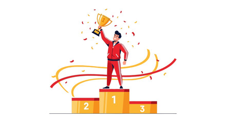 Athlete Celebrating Victory on Podium Holding Trophy Representing Achievement and Success