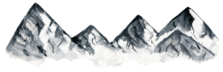 Black and white watercolor ink hand painting mountains peak illustration. Sketchy simple snow hills landscape isolated on white background, outdoor travel concept