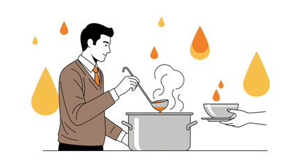 Artistic Illustration of a Person Preparing and Serving a Delicious Hot Food Meal