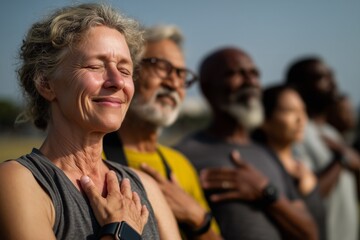 Diverse group of people practicing mindfulness outdoors with eyes closed and hands on chest. Concept of wellness, meditation, diversity, gratitude, calmness, mental health and positive lifestyle.