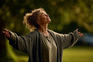 Joyful mature woman outdoors with open arms and closed eyes, embracing sunlight and nature. Concept of freedom, gratitude, mental health, wellness, positive energy and inspirational lifestyle.