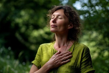 Peaceful woman meditating outdoors with hand on chest, eyes closed, breathing deeply in nature. Mindfulness, wellness, relaxation, spiritual practice, connection, calmness, self care concept.