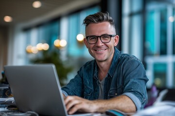 Fototapeta premium Happy man working on laptop in modern bright office. Smiling professional in casual clothes, remote job, online business, technology, startup concept, creativity, success, career growth.