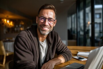 Confident middle-aged man with glasses smiling at camera in modern office, working on laptop. Business professional, positive attitude, successful entrepreneur concept.