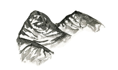 Abstract black and white watercolor ink hand painting mountains ridge angle illustration. Sketchy simple snowy hills landscape isolated on white background, outdoor travel concept