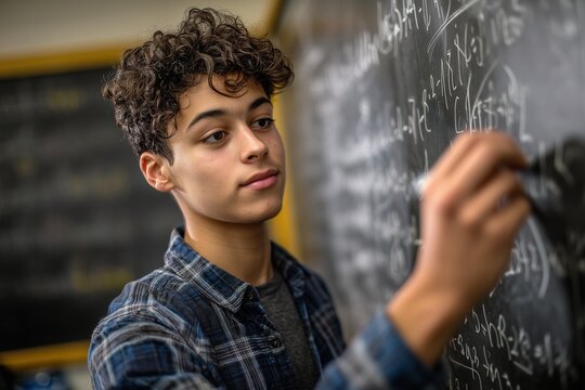 Focused teenage student solving math equations on blackboard in classroom. Education, intelligence, learning, academic excellence, STEM studies and youth potential concept.