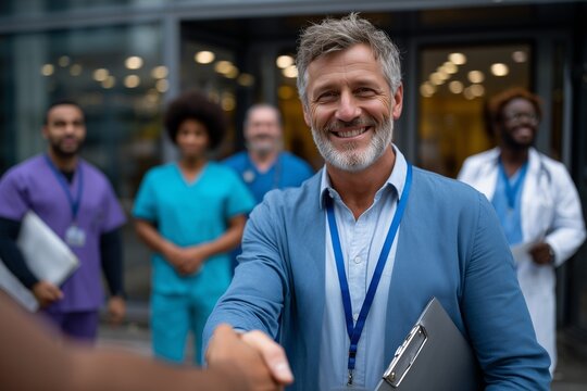 Confident mature doctor smiling and shaking hands outside hospital, with diverse medical team in background. Healthcare partnership, teamwork, trust, leadership and professional concept.